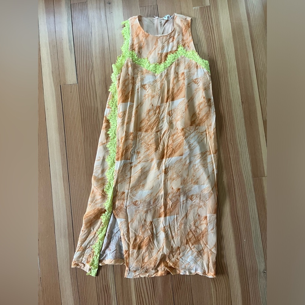 Sleeveless Orange Marble Print Casual Dress with Neon Trim